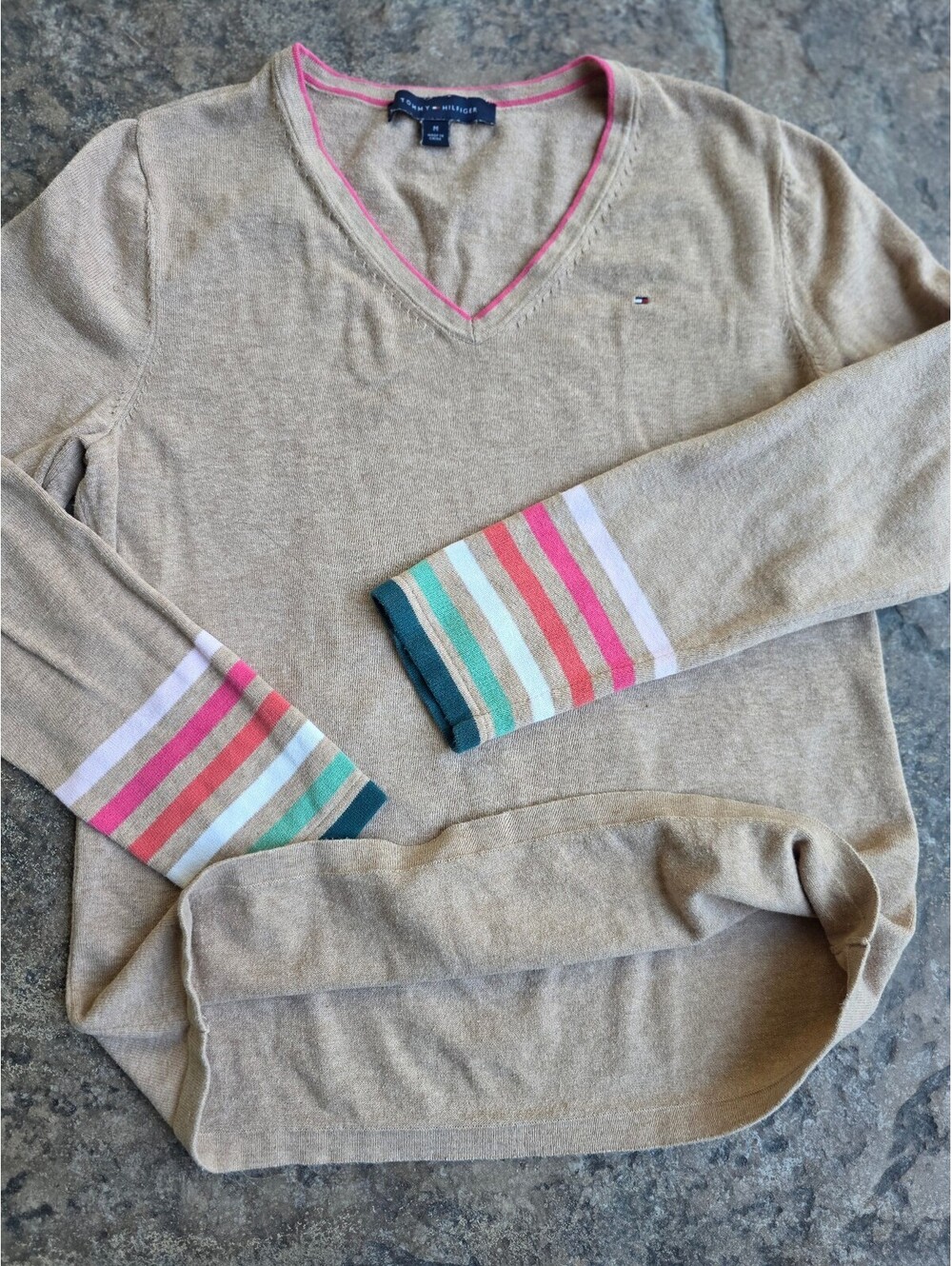 Tommy Hilfiger Women's Beige V-Neck Sweater with Multi-Color Stripe Cuffs, SizeM - Picture 6 of 6